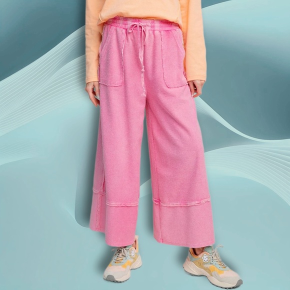 EASEL "Criss Cross" Mineral Washed Distressed Seams Cropped Pants Pockets Cotton - Picture 5 of 13